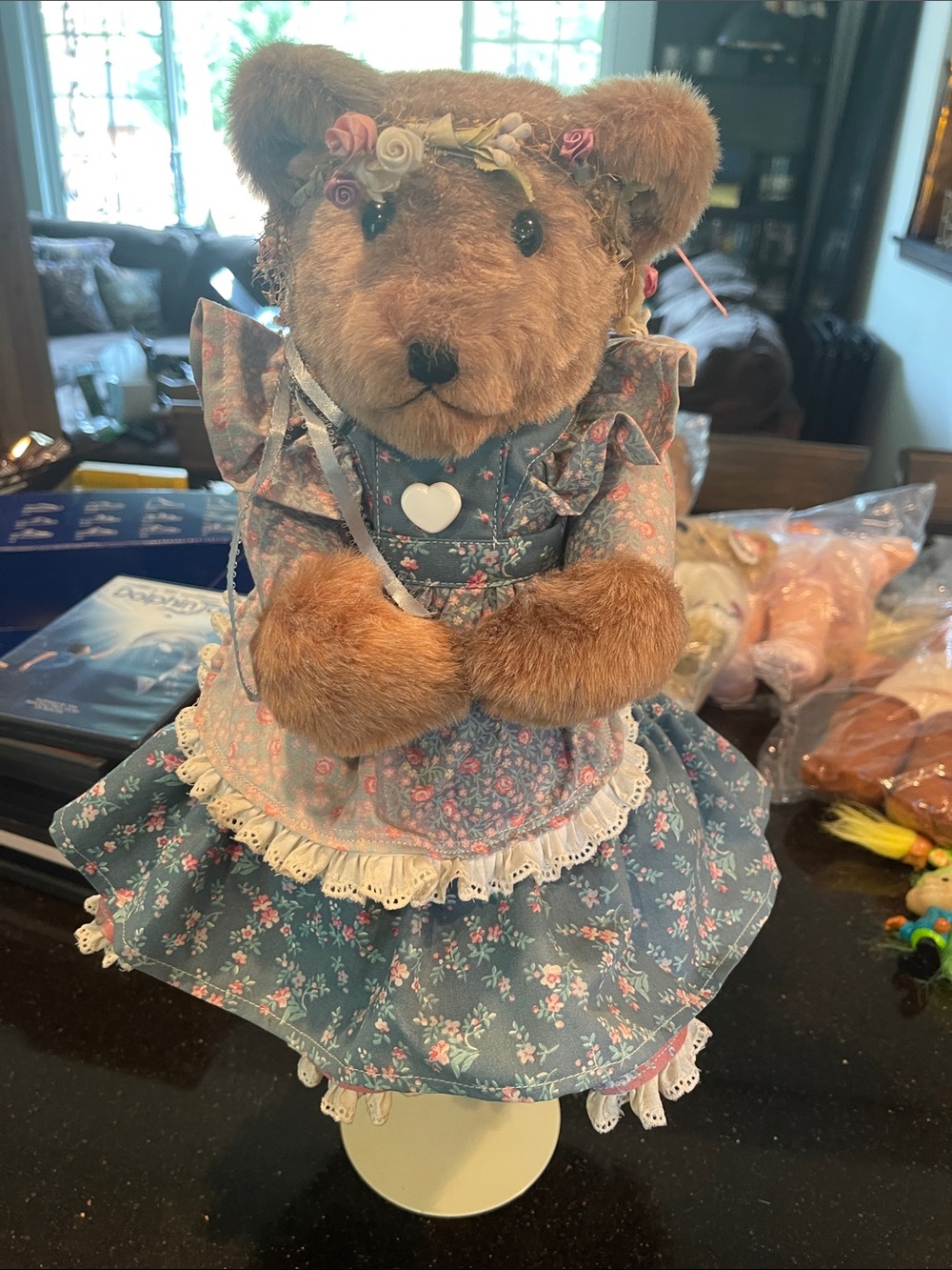 Patty Bears original Blue Floral Ruffle Dress with Lace Trim head wreath
